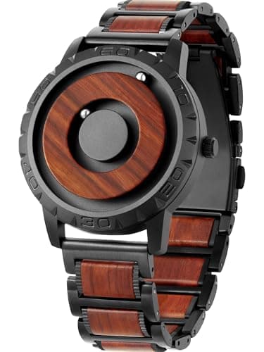 EUTOUR Montre Homme en Bois Magnétique Pas de Verre Roulement à Billes Quartz Montres Bracelet pour Homme avec Bracelet en Bois