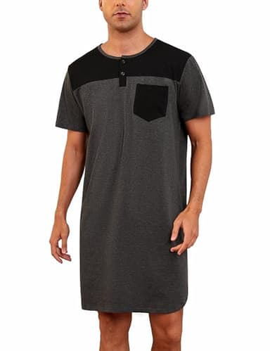 Jahetuul Chemise de Nuit pour Hommes avec Poches Pyjama Homme Manches Courtes Design Color-Block Tee-Shirt de Nuit en Coton avec Boutons Vêtements de Nuit Homme Haut de Pyjama Doux et Respirant