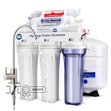 iSpring RCC7AK Filtre Osmose Inverse, Certifié NSF 58, 75 GPD Purificateur d’Eau Alcalin à 6  Étapes, Filtre à Eau avec Charbon Actif et Reminéralisation  pH+, Robinet Breveté, Installation Facile