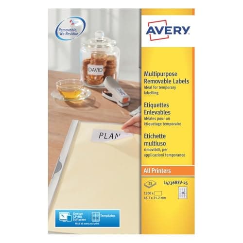 Avery Étiquettes Amovibles Blanches 1200 Pièces 45,7 x 21,2mm L4736REV-25 Impression Laser et Jet d'Encre