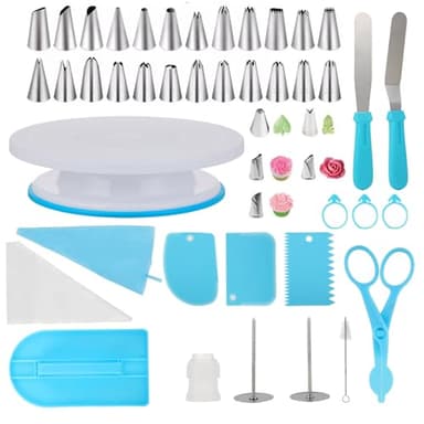 65 Pièces Kit Pâtisserie - Plateau Tournant Pâtisserie - Accessoire Pâtisserie, en Acier Inoxydable et PP, incl. Plateau à Gâteau, Raclette à Gâteau, Douilles à Pâtisserie