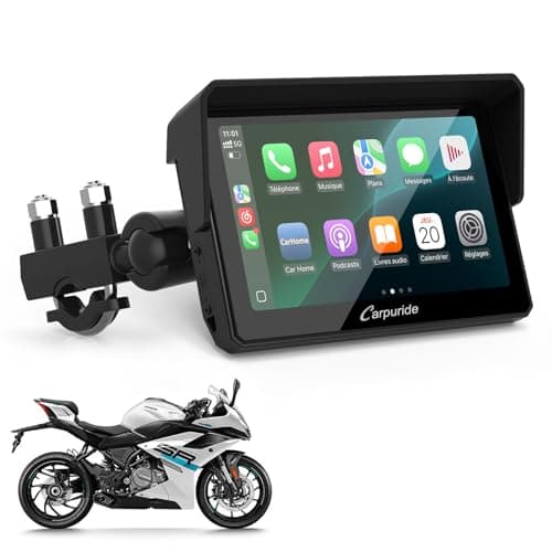 Carpuride W502 Écran Moto 5" GPS avec CarPlay sans Fil & Android Auto - Écran Tactile IPS Étanche IP67, Double Bluetooth, Navigation GPS, Siri,Béquille Moto réglable en Forme de U