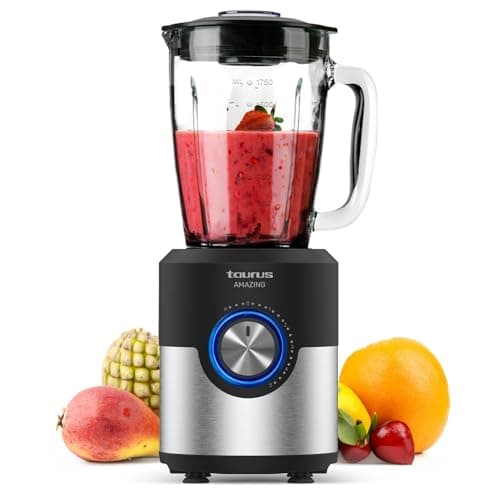 Taurus Amazing JB1200XC - Mixeur en verre 1200W, capacité 1.75L, lames en acier inoxydable à 6 tranchants, 5 vitesses + Turbo, pichet en verre gradué.