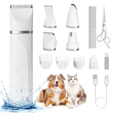 4 en 1 Tondeuse Chien Professionnelle: Silencieuse Tondeuses pour Chiens Étanchéité IPX7,Sans Fil Fondeuse Toilettage pour Animaux avec Câble USB Rechargeable pour Chat et Autres Animaux (Blanc)