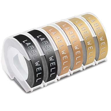 6x Labelwell 9mm x 3m Compatible Ruban de Marquage 3D Remplacement pour Dynmo Étiquette de Gaufrage en Plastique pour Dynmo S0717900 Junior et S0717930 Omega, E-101, Blanc sur Noir/Or/Champagne Or