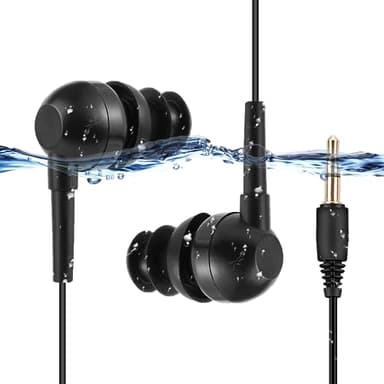 AGPTEK Ecouteurs Etanche 3.5mm IPX8 Intra-Auriculaires, Casque de Natation Audio Stéréo Compatible avec MP3 Étanche S07/S19/Téléphone/iPad etc. Fil Ressort 16-35cm et Fil d'Extension Inclus