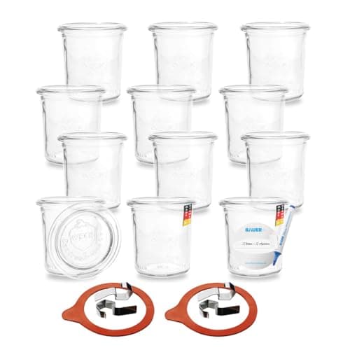 Flaschenbauer Weck RR60 Lot de 12 bocaux en verre - 140 ml - Bocaux polyvalents pour gâteaux dans un verre, confiture, conserve, conserve, pot décoratif avec étiquette - Fabriqué en Allemagne