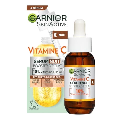 GARNIER Skin Active - Sérum Nuit Booster d’Éclat - Efficace Sur Taches Brunes & Rides - Illumine Le Teint - Vitamine C Pure, Acide Hyaluronique - Vegan & Cruelty Free - Tous Types de Peaux - 30 ml