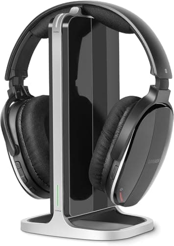 Casque sans Fil pour Regarder la télévision avec Station de Charge et émetteur RF, Casque TV Confortable pour Seniors, Compatible avec Toutes Les télévisions, Noir et Argent