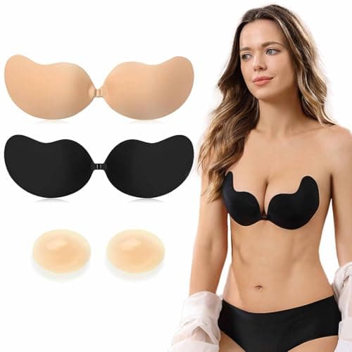 Trustnice Soutien Gorge Dos Nu, Invisible Soutien Gorge Adhesif Push Up, 2 Paires Soutien Gorge sans Bretelle Réutilisable avec Cache-téton Femme pour Robe de Soirée, A-B