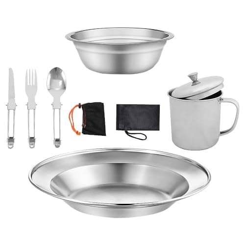 ZOYDP Popote Camping 1 Personne, Kit Vaisselle Camping, Vaisselle Pique Nique Inoxydable, Kit Couvert Camping avec Assiette Tasse Couteau Fourchette Cuillère Sac Rangement pour Voyage Pique-Nique