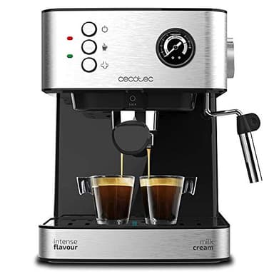 Cecotec Machine à café Espress Power Espresso Professionale. 850 W, 20 bars de Pression, Manomètre, 1.5L, Bras Double Sortie, Buse vapeur, Plateau Réchauffe-tasses, Finitions en Acier Inoxydable