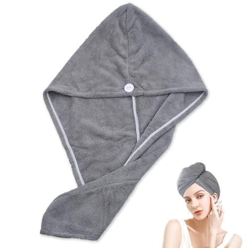 JJHXM 1 pièce Serviette Microfibre Cheveux,Serviette Microfibre Cheveux Bouclés Super Absorbants, avec Bouton de Design,Anti-frisottis à séchage Rapide Serviette Cheveux,Doux (Gris)