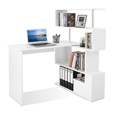 Meerveil Bureau Blanc, Bureau d'Ordinateur avec Étagère Rangement à Quatre Niveaux, Table de Travail PC Table pour Bureau et Salle d'Etude, 157 x 45 x 130,5 cm