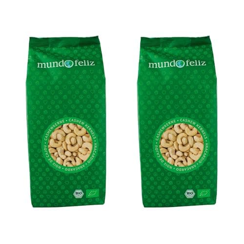 Mundo Feliz - Lot de 2 sachets de noix de cajou bio entières, 2 x 500 g