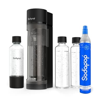 Sodapop Logan Kit de démarrage avec cylindre CO₂, 2 bouteilles en verre (850 et 600 ml) et 1 bouteille PET (850 ml), noir mat, hauteur 42,6 cm