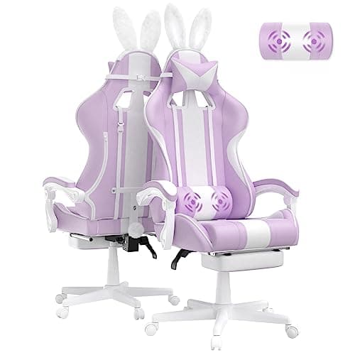 Ferghana Chaise Gaming Ergonomique Massage avec Repose-Pieds Fauteuil Ergonomique Gaming Chair avec Appui-tête Chaise de Bureau PC Gamer Racing avec Coussin Lombaire et Oreilles de Lapin-Violet Clair