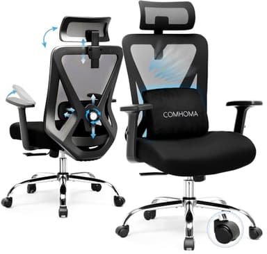 COMHOMA Chaise de Bureau Ergonomique，Fauteuil avec Appui-tête 3D & Appui Lombaire 3D, accoudoirs réglables, Office Chair avec Fonction Bascule et basculement