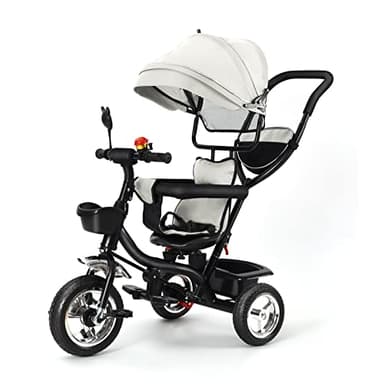 WODFARR Tricycle Enfant Évolutif avec Pare-Soleil Pliable et Canne Parentale Ajustable, Roues Silencieuses, Siège Réversible, Prise en Main Confortable (Gris Clair)