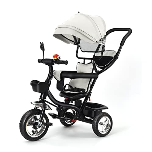 Tricycle Enfants évolutif Canne et Pare-Soleil Pliable Amovible Sacoche et Panier Acier Tricycle Enfant Évolutif, Vélo, Accessoires, jusqu'à 5 Ans (4 en 1 (Gris Clair))