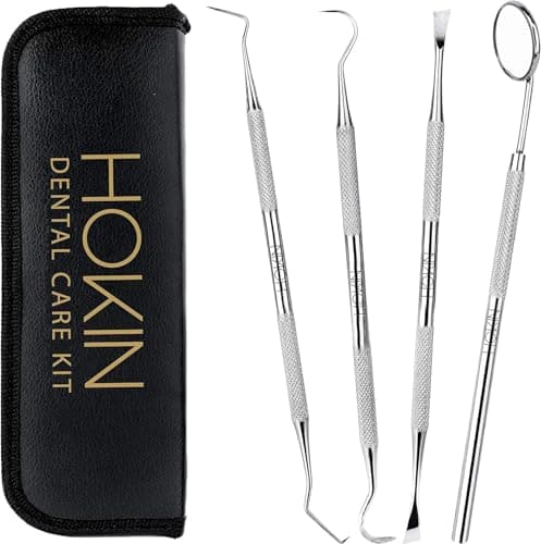HOKIN 4pcs Detartreur Dentaire Kit Dents en acier Inoxydable kit de Nettoyage Calcul Calculateur de Plaque Hygiène Scanner Crochet Choisir détartreur avec Lampe Miroir Dentaire