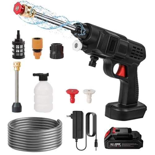 Nettoyeur haute pression sans fil 21 V, 5 l/min, avec débit élevé de 10 m, 2 batteries de 1200 mAh, avec conduite d'eau de 5 m, chaudière en mousse, kit de nettoyage de jardin (1 batterie)