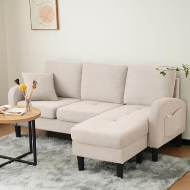 Canapé Convertible 3 Places en L avec méridienne, Canapé d'Angle Convertible en Respirant Coton et Lin et Sac d'accoudoir, Canapé 3 Places Modulaire Design, Canapé à Gauche et à Droite, Beige