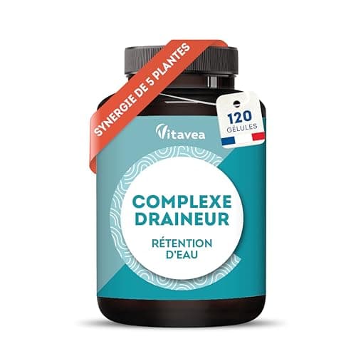 Complexe Draineur 5 actifs - Retention d'eau Drainant Puissant - Frêne, Cassis, Thé Vert, Pissenlit, Artichaut - 120 gélules - Vegan - Fabriqué en France - Vitavea