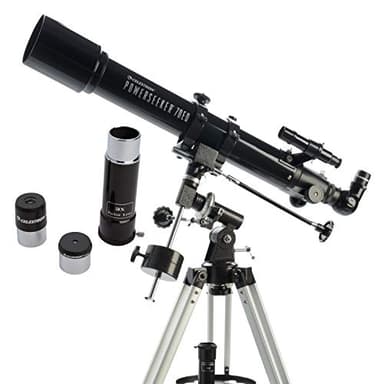 Celestron 21037 PowerSeeker 70EQ Télescope réfracteur : deux oculaires, une diagonale d'image droite, une lentille de Barlow 3x, un trépied réglable en hauteur et un plateau d'accessoires deluxe, noir