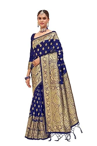 STYLE INSTANT Banarasi Art Sari tissé en soie | Sari ethnique indien traditionnel festival avec chemisier non cousu, bleu marine, taille unique