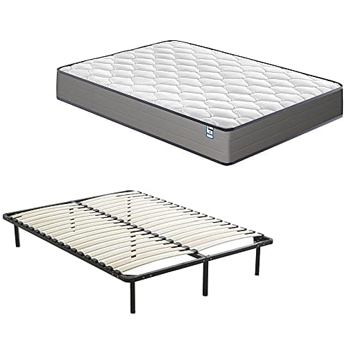 DEWINNER Ensemble Composè:Matelas a Memoire de Forme en Mousse et Ressorts 160x200x20 cm Épaisseur Matelas+Sommier à Lattes sur Pieds-7 Pieds Inclus