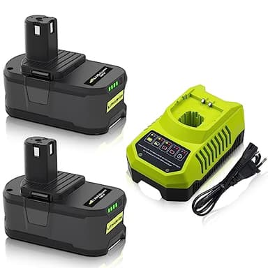 Powayup 2 X 18V 5Ah Remplacement pour Ryobi Batterie 18V P108 + 3A pour Ryobi Chargeur 9.6V-18V BCL14151H RB18L50 RB18L40 RB18L25 P108 P107 P122 P104 P105 P102 P103 avec indicateur LED