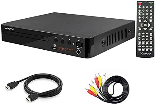 LONPOO Lecteur DVD Compact, Multi-Régions 1/2/3/4/5/6, Port USB, Télécommande, Câble Audio RCA Connexion TV, Divx, Port HDMI, Port MIC (Noir)