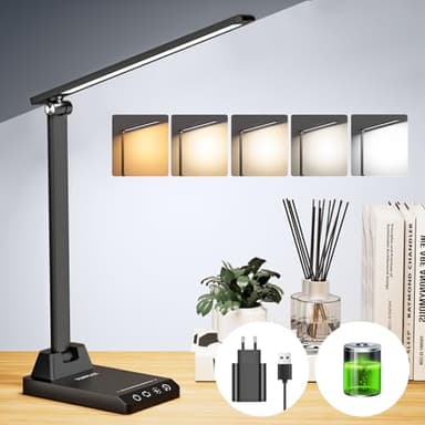 Lampe de Bureau LED, Lampe de Bureau Sans Fil Avec Batterie 2500 mAh, 5 Modes de Couleur 10 Niveaux de Luminosité, Contrôle Tactile Protection des Yeux, Lampe de Chevet Avec USB et Fonction Minuterie