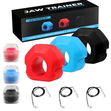 Powzdi Exerciseur de la mâchoire Musculation, Jaw Exerciser Visage Bouche Entraîneur, Jawline Fitness Ciseler et améliorer la mâchoire, 3 Niveaux de Morsure gratuites et 3 Colliers