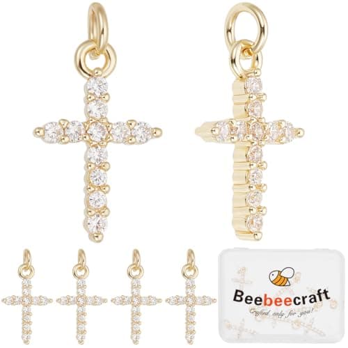 Beebeecraft 1 boîte de 10 Petites Breloques en Forme de Croix en Or et Oxyde de Zirconium avec Anneau de Jonction en Laiton Plaqué Or 18 carats Véritable Pendentif en Forme de Croix Transparente pour