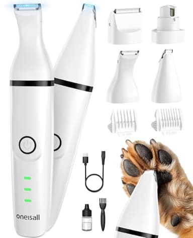 oneisall 4 en 1 Tondeuse chien set, Silencieuse Tondeuse pour chien,Sans Fil Fondeuse Toilettage pour Animaux avec 4 têtes de coupe multifonctions pour Chat et Chien (Blanc)