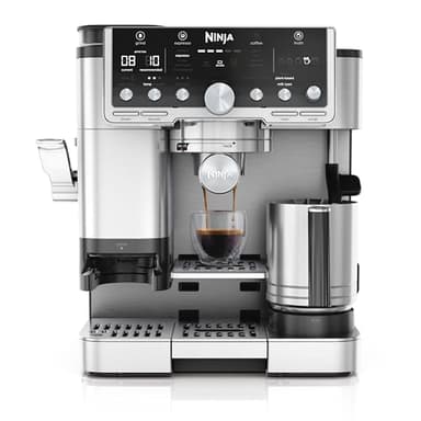 NINJA Machine à café Luxe Essential 2-en-1, Latte, Cappuccino et Espresso avec broyeur à grains et mousseur à lait intégrés, facile à utiliser, 2 préréglages mousse, argent, ES501EU