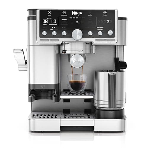 NINJA Machine à café Luxe Essential 2-en-1, Latte, Cappuccino et Espresso avec broyeur à grains et mousseur à lait intégrés, facile à utiliser, 2 préréglages mousse, argent, ES501EU