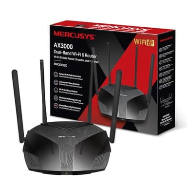 Mercusys Routeur WiFi 6 3000Mbps , Routeur WiFi Bi-Bande , 4 ports RJ45 Gigabit , 4 antennes 5dBi, MU-MIMO, WPA3, Connexion intelligente, Contrôle parental, Technologie BSS Color, MR3000X