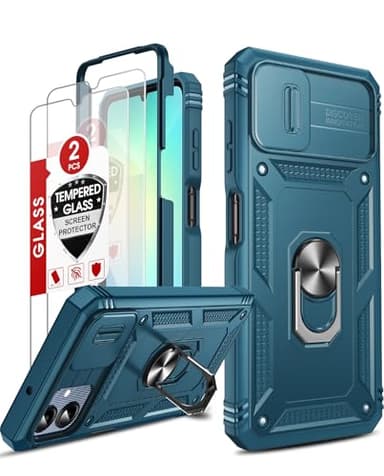 LeYi Coque pour Samsung Galaxy A06/A 06(Pas A06S) avec 2*Verre Trempé+Anneau Support,Full Protection de la Caméra en PC Dur Anti-Chut Renforcée Armor Heavy Duty Antichoc Bumper Housse Etui，Bleu