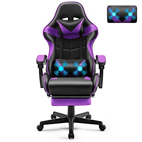 Soontrans Chaise Gaming Racing Chaise Gaming Massante, Siege Gaming avec Soutien Lombaire Massage et Appui-tête, Dossier Haut, Fauteuil Gaming Pivotant pour Youtube Livestream Playstation (Violet)