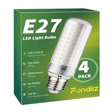 Fondiiz Ampoule E27 Blanc Neutre 4000K, 16W 2200LM Ampoule LED E27 Équivalent 200W Halogène, Lampe E27 Puissante Économie d'Énergie, Ampoules LED Intérieur E27 Maïs 220-240V, Non-dimmable, Lot de 4