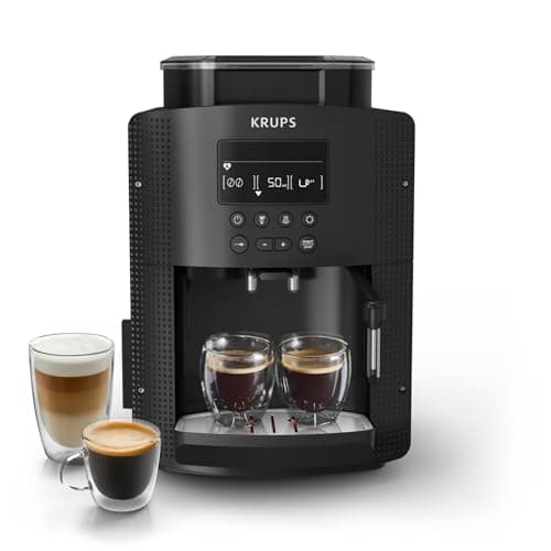Krups Machine à café grain, 2 expressos simultanés, Ecran LCD, Cafetière espresso compacte, Nettoyage automatique, Buse vapeur pour Cappuccino, Essential noire YY8135FD, Noir
