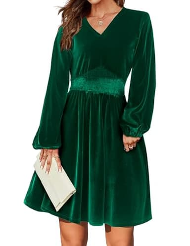 Zeagoo Robe Formelle Vintage en Velours pour Femme - Élégante Robe De Soirée Et Cocktail avec Col en V, Manches Longues, Étincelante - Vert Foncé M