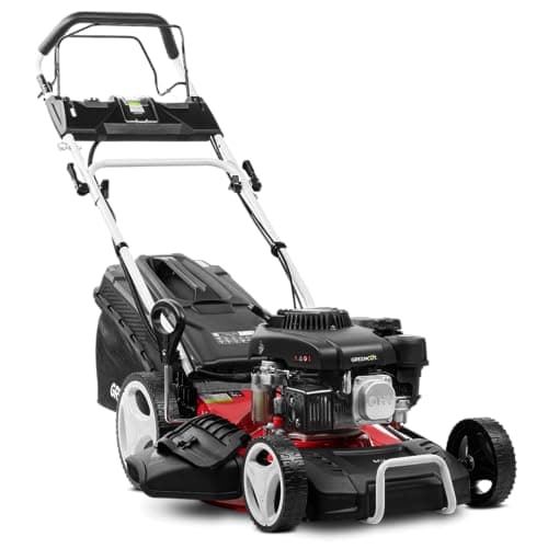 GREENCUT GLM770XE - Tondeuse à Gazon à Essence 150cc 6cv, démarrage électrique, Moteur autopropulsé 4 Temps, Lame à Double Tranchant 460mm 18", Hauteur de Coupe réglable, Panier 55L