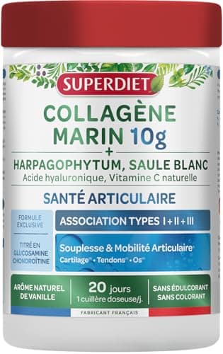 SUPERDIET - COLLAGÈNE MARIN - ARTICULATIONS & SYSTÈME LOCOMOTEUR - ASSOCIATION TYPE I, II, III - Titré en Glucosamine et Chondroïtine - Fabrication française - 220g