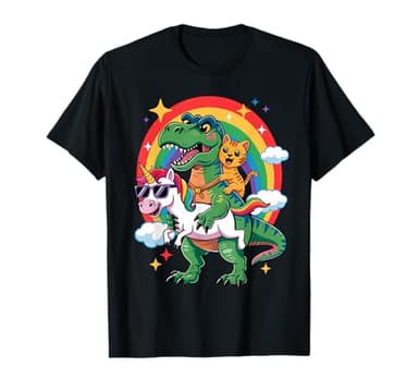 Cute Animal Unicorn Cat Riding Dinosaur Rainbow Space Galaxy T-Shirt