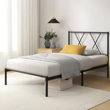 Zinus Elias lit 90x190 cm - Cadre de lit en métal avec tête de lit - Montage Facile - Hauteur 30 cm - Lit avec Support de Lattes en métal - Espace de Rangement sous Le lit - Noir