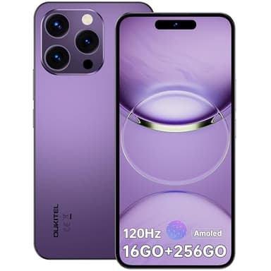 OUKITEL P1 Téléphone Portable - 6.7 Pouces 120Hz AMOLED Telephone Gaming 4G,24 Go (8+16) RAM +256Go/2To, Smartphone Pas Cher Android 14,5150mAh,Helio G99/50MP/Face ID/Fingerprint/2Ans Garantie,Violet